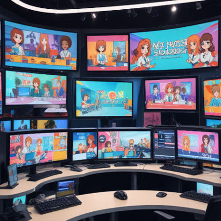 A TV studio with colorful webtoon-inspired graphics on monitors as anchors prepare for broadcast.