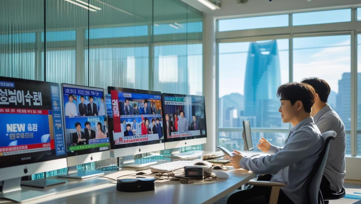 Office with monitors showing Korean TV news broadcasts in bright modern workspace.