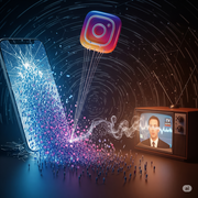 An abstract image showing a stream of identical figures flowing from a smartphone screen towards a retro television set.