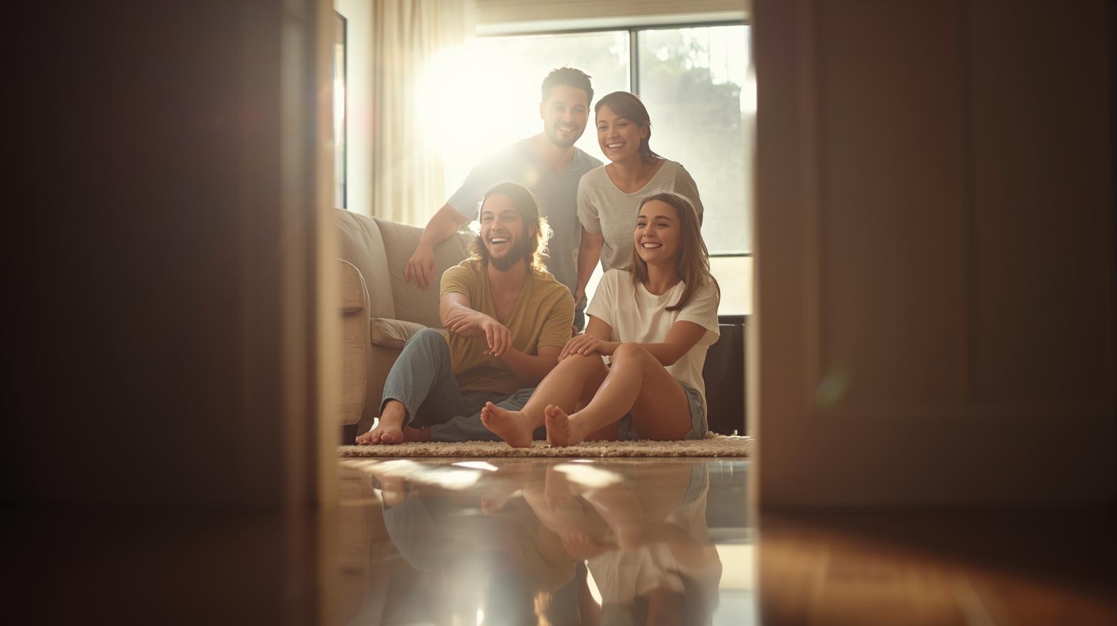 Smiling Brisbane family enjoying freshly cleaned tile floor in bright sunny living room.