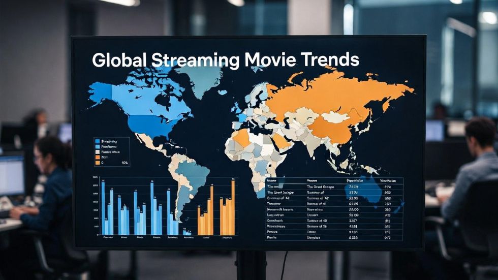 newsroom screen displaying global streaming movie trends and charts